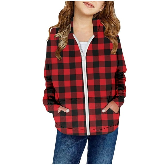 LRen Girls Zip Up Hoodies Chritmas Plaid Print Teen Casual Long Sleeve Full-Zip Sweatshirts Jackets with Pockets,C-Red,6-7 Years