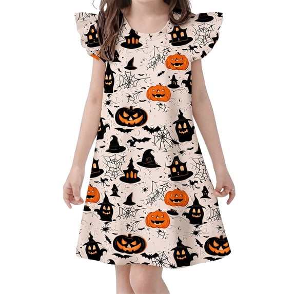 LRen Halloween Gifts Girls Halloween Themed Dress , Kids Ghost Pumpkin Print Holiday Clothes, Soft Flutter Sleeve Halloween Dress for Kids Girls