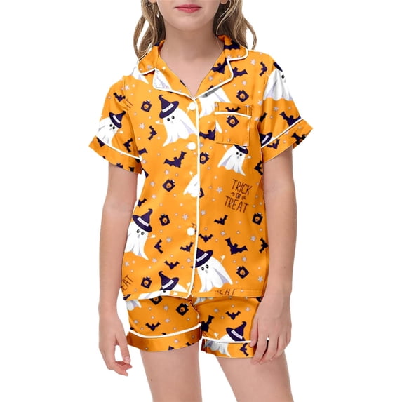 LRen Halloween Pajama 2‑Piece Set, Cute Halloween Graphic Satin Short Sleeve Button Up Shirt Elastic Waist Shorts Pjs Sleepwear