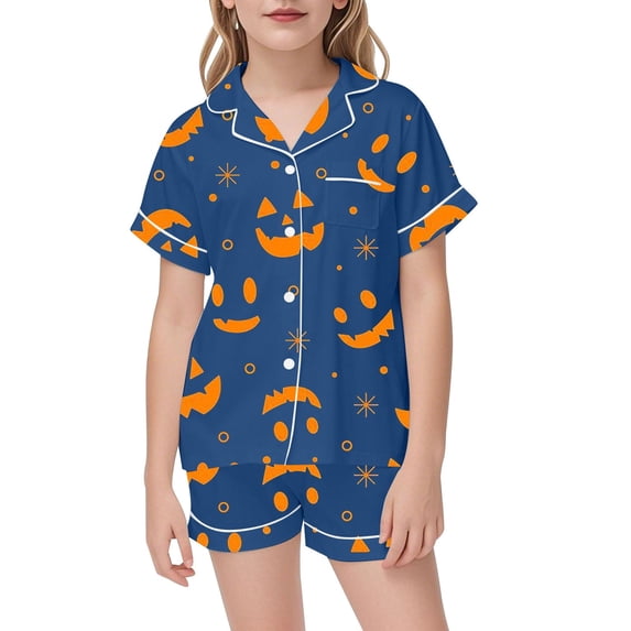 LRen Halloween Pajamas Halloween Gifts 2PCS Set for Teens, Soft Short Sleeve Button-Down Pjs Set Cute Print Sleepwear Outfit