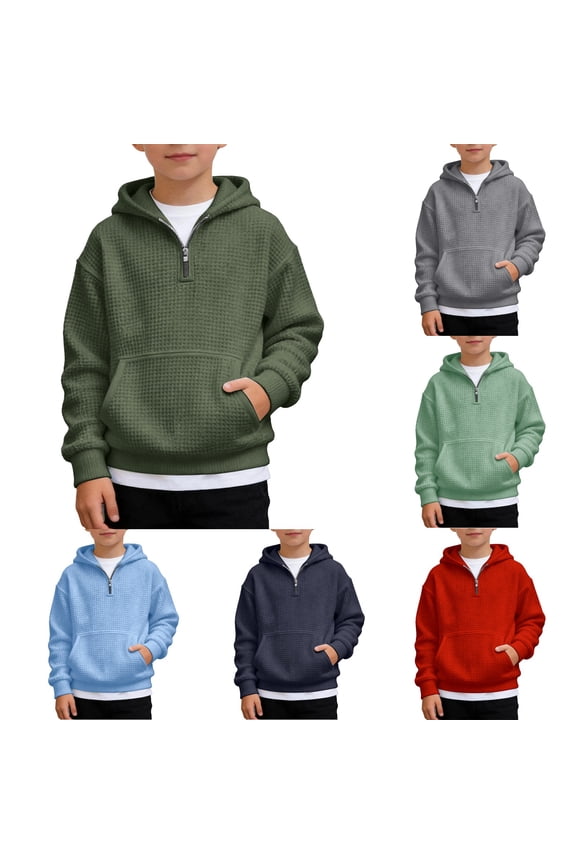Hoodies for Boys 10-12, Boys Waffle Hoodie Half Zip Hooded Sweatshirts Kids Long Sleeve Knit Pullover Tops with Pocket Hoodies for Boys,Dark Green,13-14 Years
