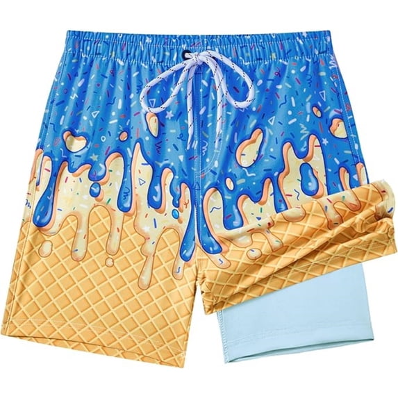 LRen Ice Cream Swim Trunks for Kids Beach Shorts Quick Dry Swimwear with Compression Liner Drawstring Waist 2-14Y