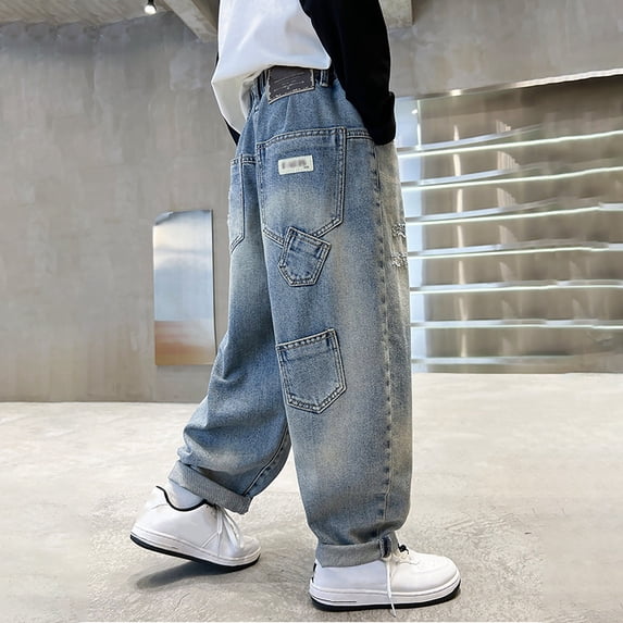 LRen Jeans for Boys High Waisted Elastic Waist Wide Leg Denim Pants Boys Loose Fit Classic Fashion Long Trousers Streetwear with Pockets,Blue,4-5 Years