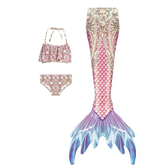 LRen Kid Girl Mermaid Tail 3pcs Ruffle Sequin Top Fish Scale Print Girl Swimsuit Summer Swimwear with Cover Up Skirt 3 Piece Set Swimsuit for Girls