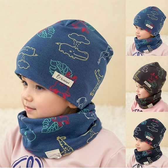 LRen Kids 2‑Piece Hat and Neck Gaiter Set, Cotton Double‑Layer Earflap Soft Slouchy Beanie Neck Windproof Warm Baby Hat for Fall Winter