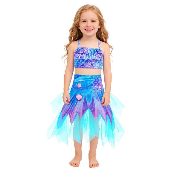 LRen Kids Bathing Suits Girls 3pcs Ruffles Beach Rash Guard Swimwear for Girls Funny Summer Rash Guard Sling Bikini Girls Beach Swimwear Tankini Beach Swimwear Set