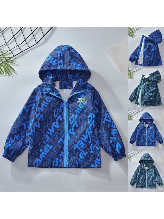 Kids Cartoon Graffiti Hooded Windbreaker Jacket, Lightweight Zip Up Spring Coat for Boys Girls Ages 3-13, Outdoor Street Style