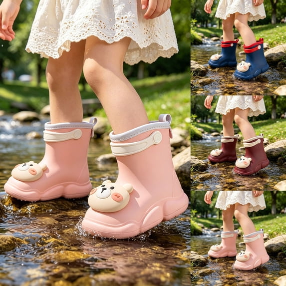 LRen Kids Cute Bear Charm Rain Boots Waterproof Non- Outdoor Rain Shoes for Toddler Boys Girls, Preschool Daily Wear Ages 2-9