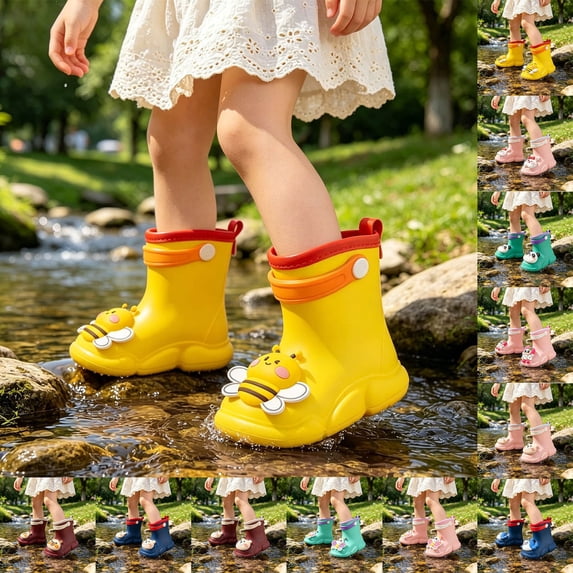 LRen Kids Cute Bee Print Rain Boots Waterproof Non- Outdoor Rain Shoes for Toddler Boys Girls, Preschool Outdoor Play Ages 2-9