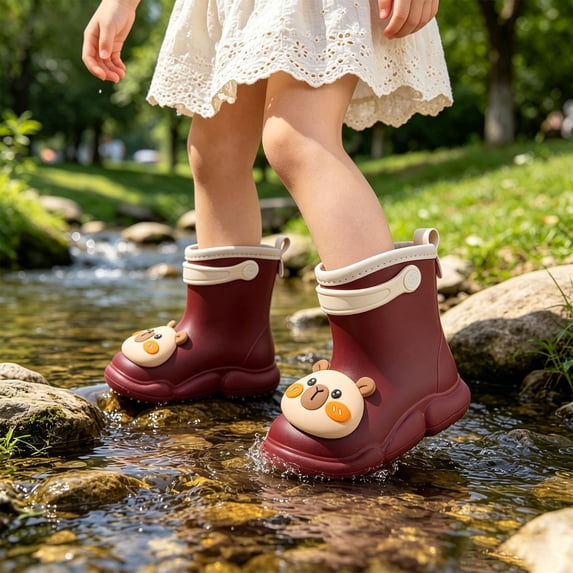 LRen Kids Cute Bear Charm Rain Boots Waterproof Non- Outdoor Rain Shoes for Toddler Boys Girls, Preschool Daily Wear Ages 2-9