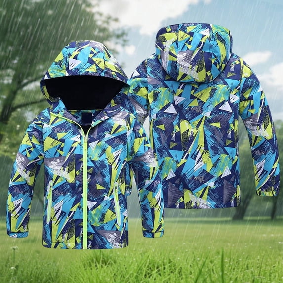 LRen Kids Geometric Print Hooded Windbreaker Jacket, Water Resistant Zip Up Coat for Big Kids Ages 2-10, Outdoor School Daily Wear