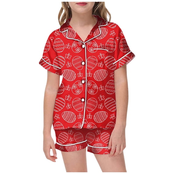 LRen Kids Girls Easter Outfits Set Cartoon Print Short Sleeved Silk Button Top Casual Lapel Silk Button Down Collared Easter Set Set Easter Gifts for Boys