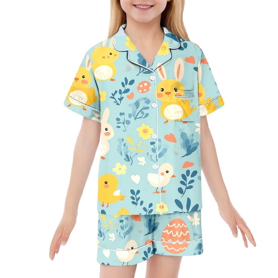 LRen Kids Outfits Girls 7-8 Easter Cartoon Animals Short Sleeve Silk Button Shirt Shorts Outfits Set Comfy Silk Button Up Collared Easter Home Outfit Set Easter Gifts for Kids