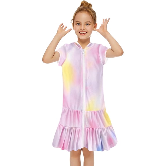 LRen Little Girls Swim Cover Up Kids Swimsuit Coverup Hooded Beach Terry Cloth Ruffle Bathing Suit Zip Up Short Sleeve