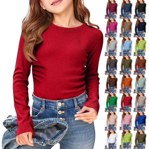 LRen Long Sleeve Shirts for Girls Cotton Ribbed Knit Layer Tops Slim Fit Casual Crewneck Back To School Solid Color Tees