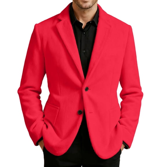 LRen Mens Corduroy Blazer Jackets Slim Fit Two Button Casual Sports Coat,XL,A2-Red