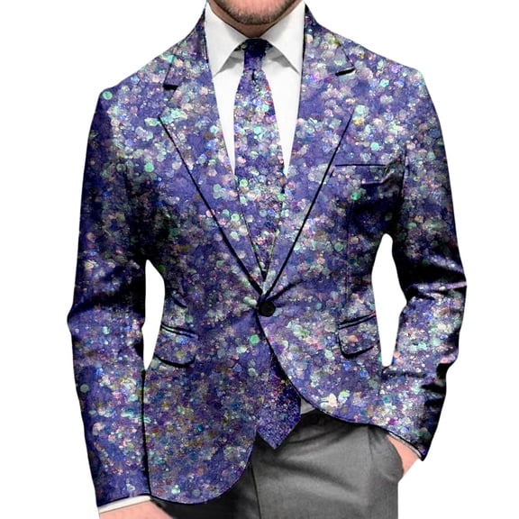 LRen Mens Slim Fit One Button Blazer Jacket Shiny Suit Blazer Sequins Dress Coat Party Wedding Suit Blazer Outwear,XL,A3-Purple