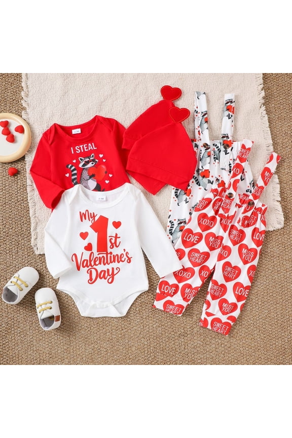 Newborn Girl Outfits, My First Valentines Day Baby Boy Outfit Letter Print Long Sleeve Romper Suspender Pants Hat 3Pcs Clothes Set Valentines Day Gifts