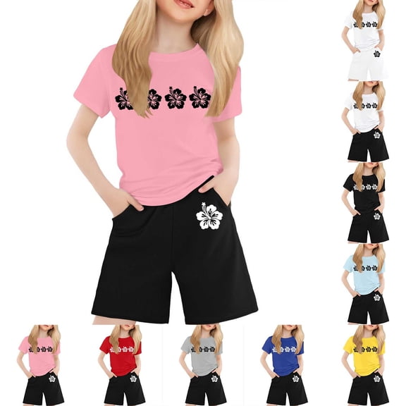 LRen Outfits for Girls 7-8 Bow Short Sleeved T Shirt Set Crew Neck Children's Fashion Summer 2pc Children's Suit Preppy Clothes