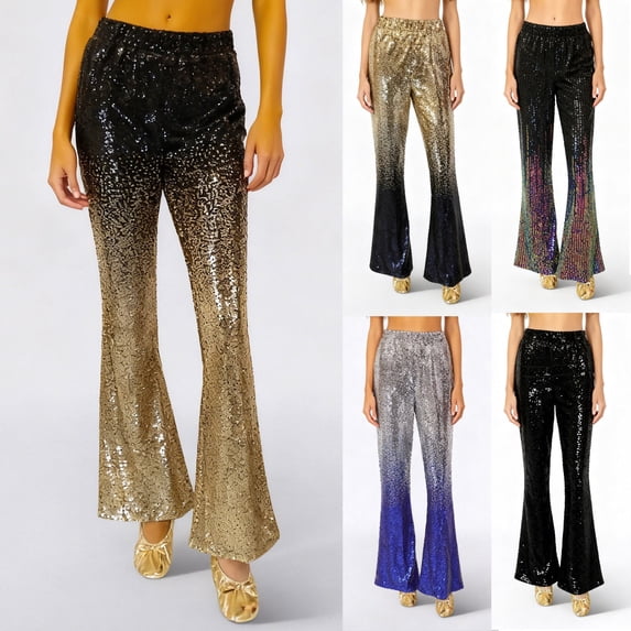 LRen Sequin Pants for Women Flare High Waisted Pull On Elastic Waist Party Club Mardi Gras Night Out Dance Stretch Pants