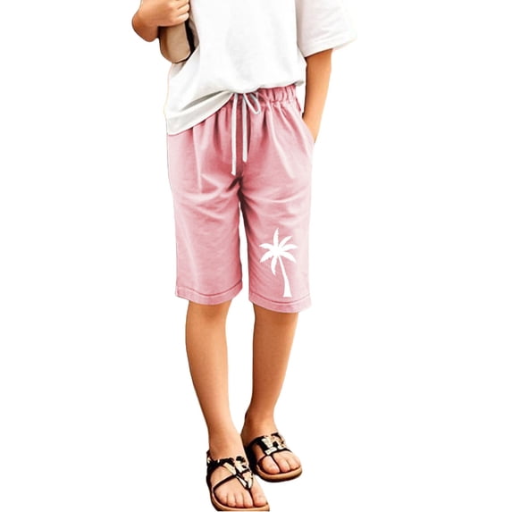 LRen Shorts for Girls Summer Elastic High Waist Drawstring Bermuda with Pockets Teen Kids Casual Knee Shorts
