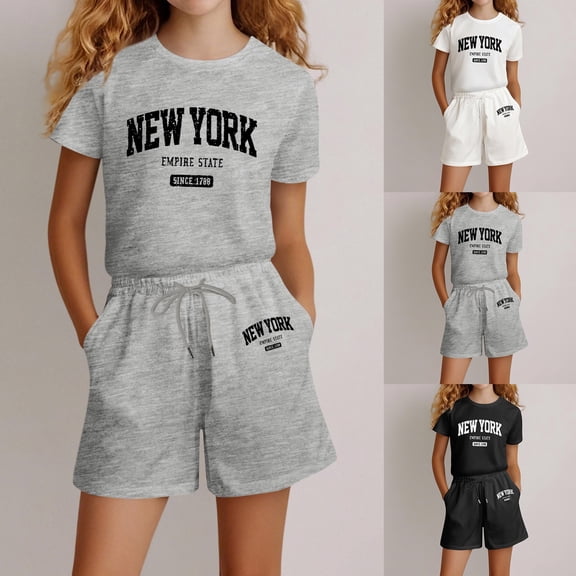 LRen Summer Outfits for Girls 9-10 Bow Short Sleeved Sports Suit Crew Neck Children's Fashion Streetwear 2-Piece Set Outdoor Casual Clothes