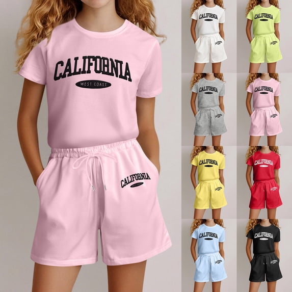 LRen Summer Outfits for Girls Print Short Sleeved Tops and Shorts Crew Neck Loose Sports Tshirt Shorts 2pc Outfits Clothes Back To School Clothes