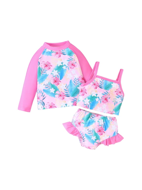 Swim Suits for Girls 6-7 Long Sleeve Swimsuit 2 Piece Rash Guard Bathing Suit Upf 50+ Swimsuit Loose Crewneck Bikini Swimwear Kids Sunsuits Swimwear Set