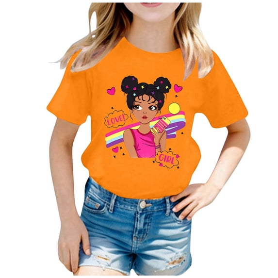 LRen T Shirts for Girls 6-7 Girl Cute Print Crew Neck Short Sleeve Tops Shirts Clothes Girls' Relaxed Fit Preppy Clothes T Shirt for Boys and Girls