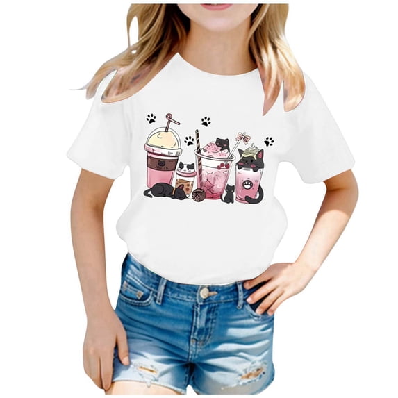 LRen T Shirts for Girls 6-7 Girls Floral Printed Round Neck Tees Short Sleeve Basic Tee Little Girl Cute Summer Funny Tees Toddler Girl Clothes