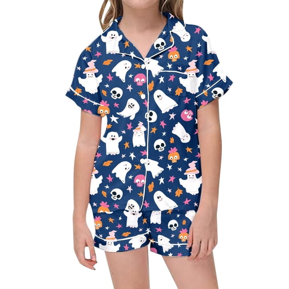 LRen Teen 2‑Piece Halloween Pajamas Set, Button‑Up Satin Short Sleeve Top & Shorts Pjs Sleepwear Halloween Gifts Outfit for Teens