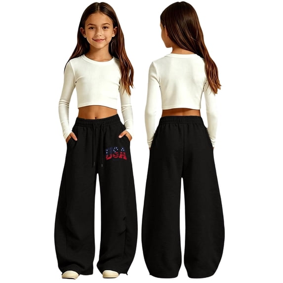 LRen Girls Sweatpants Baggy Kids Wide Leg Drawstring Curved Leg Letter Prints Casual Y2k Plus Size Trackpants with Pockets Fall Fashion Preppy Back To School Clothes,5-15 Years