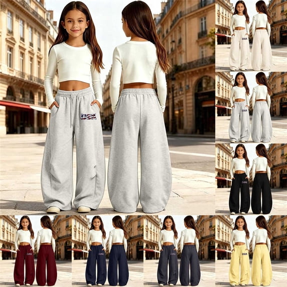LRen Girls Wide Leg Sweatpants Kids Baggy Elastic Waistband Curved Leg Letter Prints Cute Y2k Loose-Fit Trousers with Pockets Fall Fashion Preppy Back To School Clothes,5-15 Years