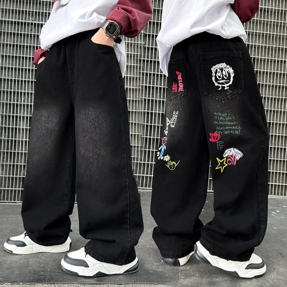 LRen Jeans High Waisted Vintage Straight Leg Baggy Jeans Boy Lightweight Soft Comfy Fashion Long Trousers Streetwear with Pockets,Black,9-10 Years