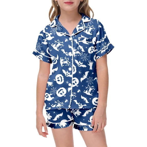 LRen Teens 2‑Piece Halloween Pajama Set, Ghost and Pumpkin Graphic Satin Short Sleeve Button Up Shirt Elastic Waist Shorts Pjs Sleepwear