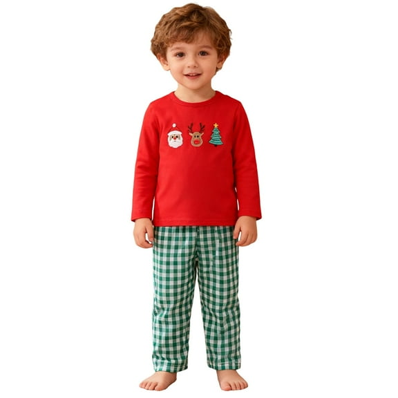 LRen Toddler Boy Christmas Outfit Truck Heart Print Sweatshirt Plaid Pants Set Baby Girl Boy Santa Clothes,A1-Red,2-3 Years