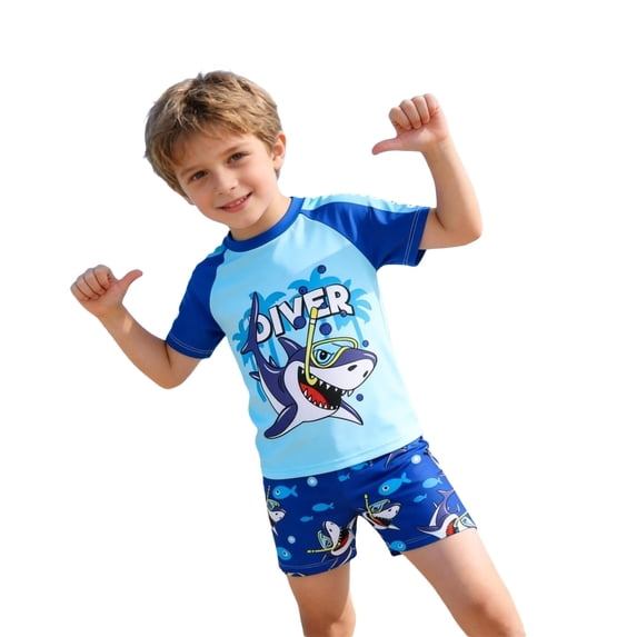 LRen Toddler Boy Swimsuit Boys Swim Set 2 Piece Short Sleeve Boys Swimming Shirt Trunks Rash Guard Bathing Suits