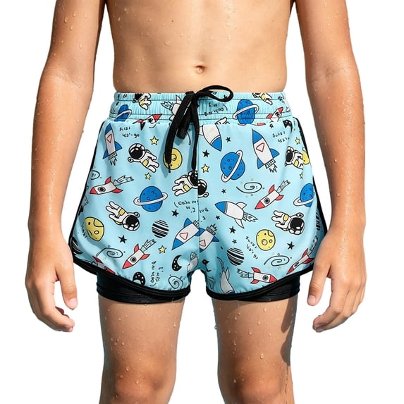 LRen Toddler Boys Swim Trunks with Compression Liner & Pockets Stretch Quick Dry Swim Shorts Drawstring Swimsuit
