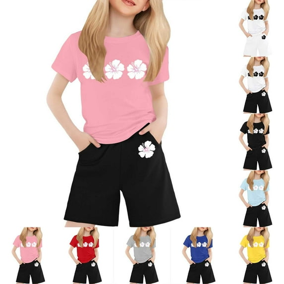 LRen Toddler Girl Outfits 5t Animal Print Shorts Sleeve Tracksuit Crew Neck Children's Fashion Oversized Matching T-Shirt and Shorts Back To School Clothes