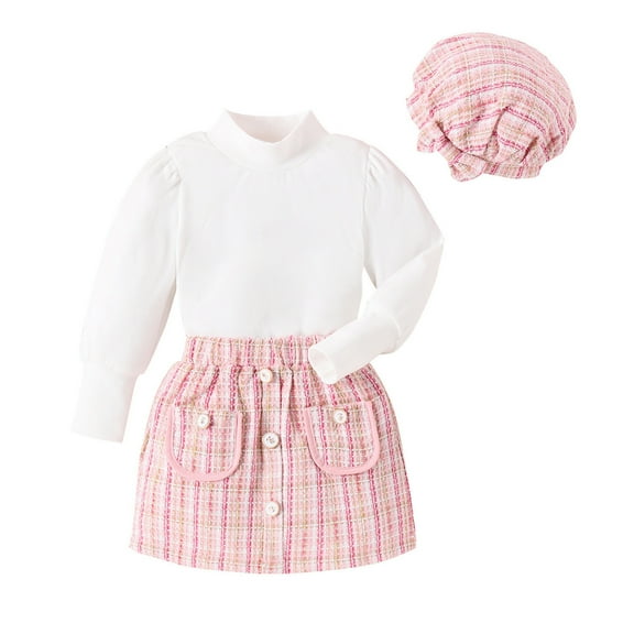 LRen Toddler Girl Skirts Outfit Ribbed Long Sleeve Tops Plaid Skirt Beret Baby Fall Winter Clothes,5-6 Years,Z9-Pink