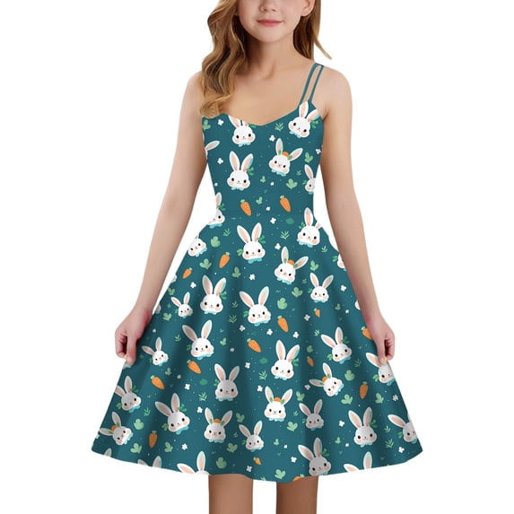 LRen Toddler Girl Sleeveless Easter Bunny Dress Girls Egg Print Summer Dress Maxi Spaghetti Strap Flowy Beach A Line Summer Casual Sundress