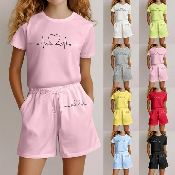 LRen Toddler Girl Summer Outfits 6t Cute Print Short Sleeve Shirt and Shorts Crewneck Cute Activewear Clothing Set for Girls Preppy Clothes