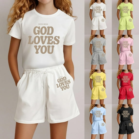 LRen Toddler Girl Summer Outfits Graphic Print Short Sleeved Tops and Shorts Crewneck Loose Fit Shorts Beach Playwear Outfits Preppy Clothes