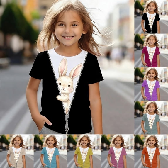 LRen Toddler Girls Easter Shirts Bunny Short Sleeve T Shirt Easter Day Easter's Day Blouse Tops Children's Shirts