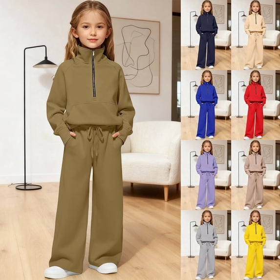 LRen Toddler Outfits for Girls 2 Pieces Half Zip Pullover Sweatshirt+Pants Solid Color Long Sleeve Outfit Soft Casual Fall Girls Back To School Clothing Set