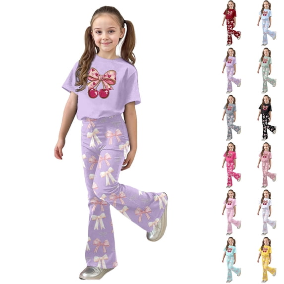 LRen Toddler Outfits for Girls Print Short Sleeved Tops and Casual Pant Set Round Neck Casual Pullover Tops Shorts 2 Piece Outfits Preppy Clothes Valentines Day Classroom Gifts