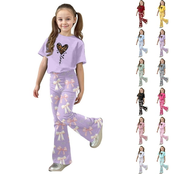 LRen Toddler Outfits for Girls Summer Letter Print Shorts Sleeve and Wide Pants Outfits Set Round Neck Loose Fit Activewear Clothing Set for Girls Preppy Clothes Valentines Day Classroom Gifts