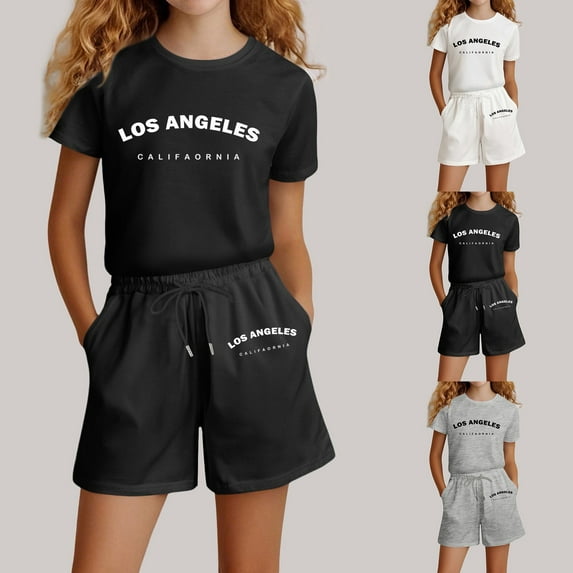 LRen Toddler Outfits for Girls Cute Print Short Sleeve Tee and Shorts Crew Neck Cute Streetwear 2-Piece Set Preppy Clothes