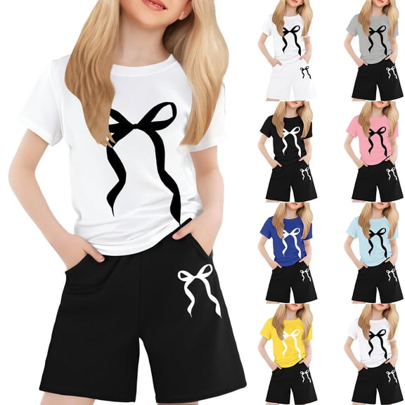 LRen Toddler Outfits for Girls Cute Print Shorts Sleeve Sports Sets Crew Neck Everyday Shorts 2pcs Clothing Set Back To School Clothes