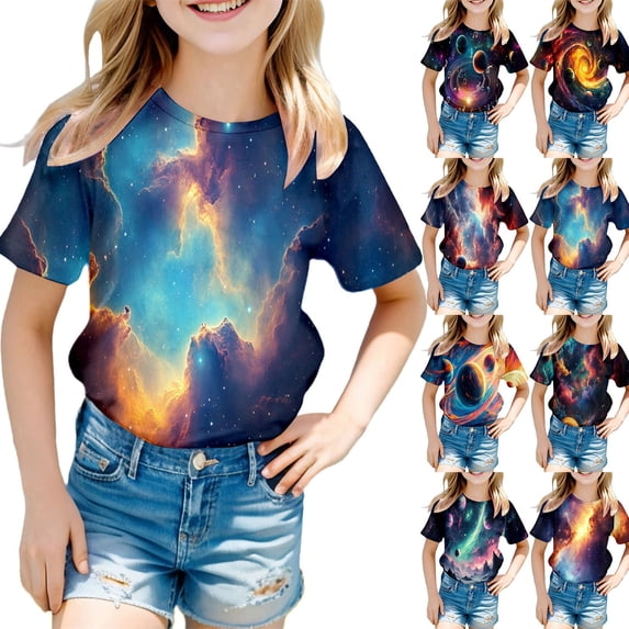 LRen Toddler Shirts Girls Crewneck Casual Short Sleeve Print Tees Kids Trendy Preppy Shirt Tops Multicolor T-shirts for Kids